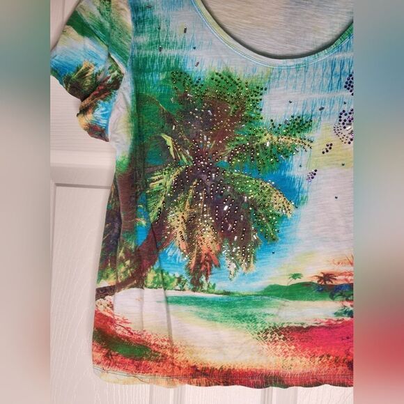 Thomas&Olivia XL Multicolored Beach Print Shrtsl Beaded 100% Cotton Women’s Top - Picture 4 of 10